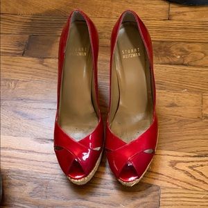 Stuart Weitzman red patent leather peep toe pumps